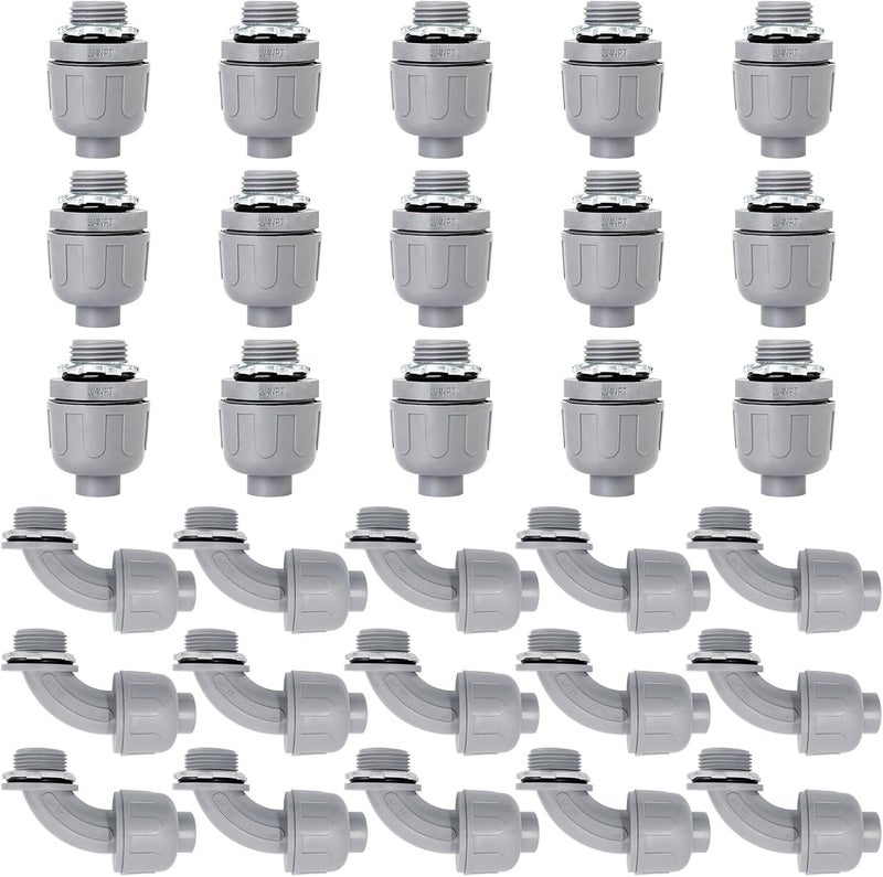 Feotech 30 Pack 3/4 Inch Liquid Tight Connectors - PVC Electrical Conduit Fittings, Straight, 90 and 180 Degree Non-Metallic Flexible Connectors for Home, Bathroom, and Kitchen, Gray - Image 1